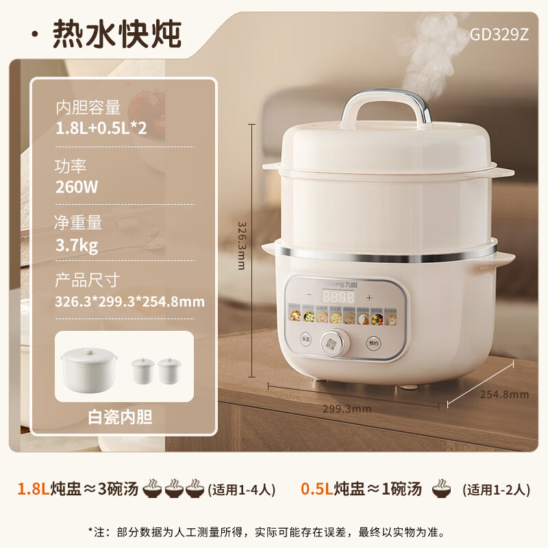 Joyoung Electric Slow Cooker, Hot Water Fast Cooking Multi-Function Pot, 2.8L Electric Stew Pot, Soup Pot, Bird's Nest Pot, Health Pot, Baby Food Supplement, Porridge Maker, Mini Soup Pot, White Porcelain GD329Z