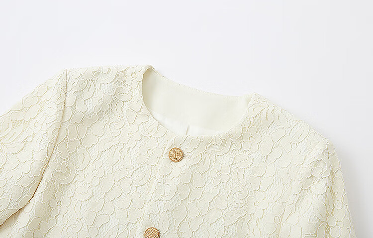 Dme [Sophisticated Fashionista Style] Spring Elegant Chanel-Inspired Lace Round Neck Waist-Cinching Metal Button Fashionable Short Jacket for Wome 8