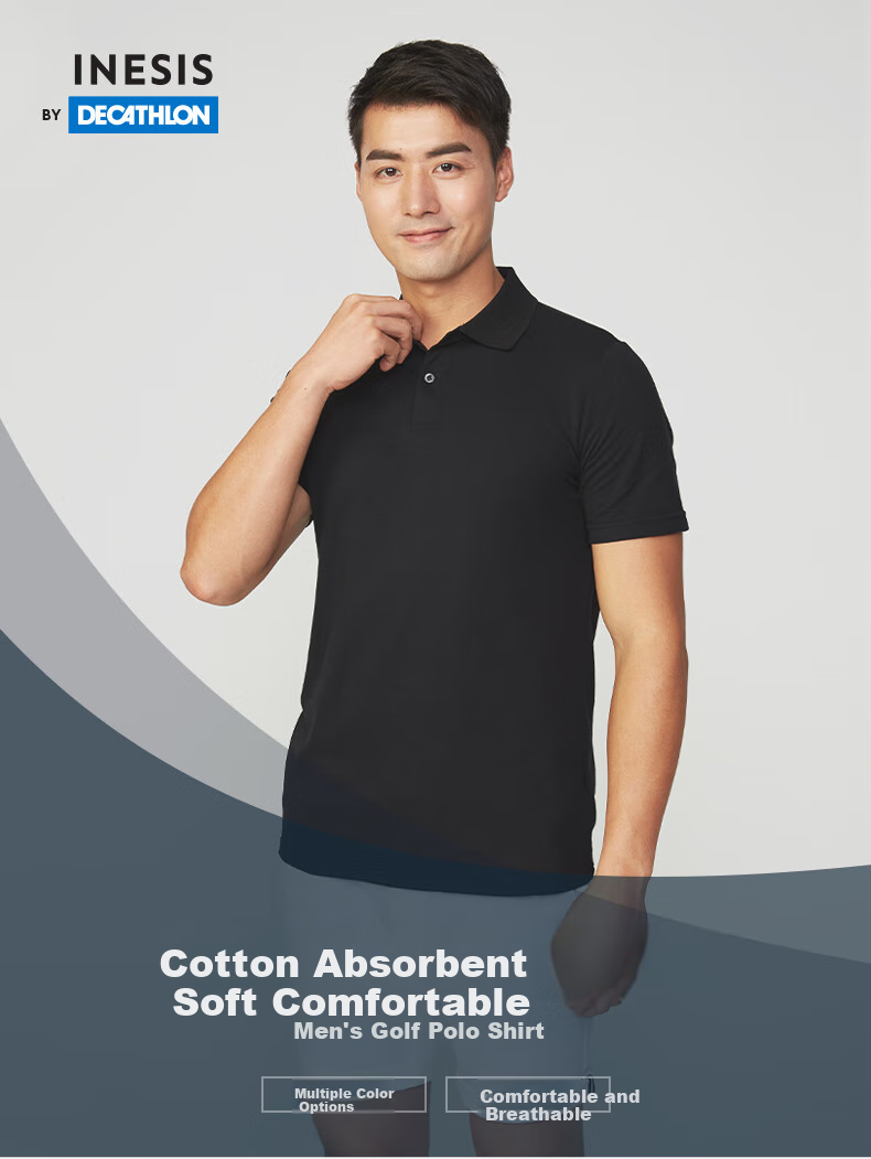 DECATHLON Polo Shirt for Men, Summer Short-Sleeve T-Shirt, Pure Cotton Breathable Solid Color Classic Black - All Cotton Version 170/88A/S-4216800 1
