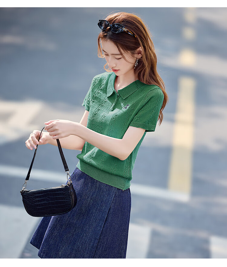 Shangjing Women's Short Sleeve Knit Top Summer New Sweet Polo Collar Slim T-Shirt 16