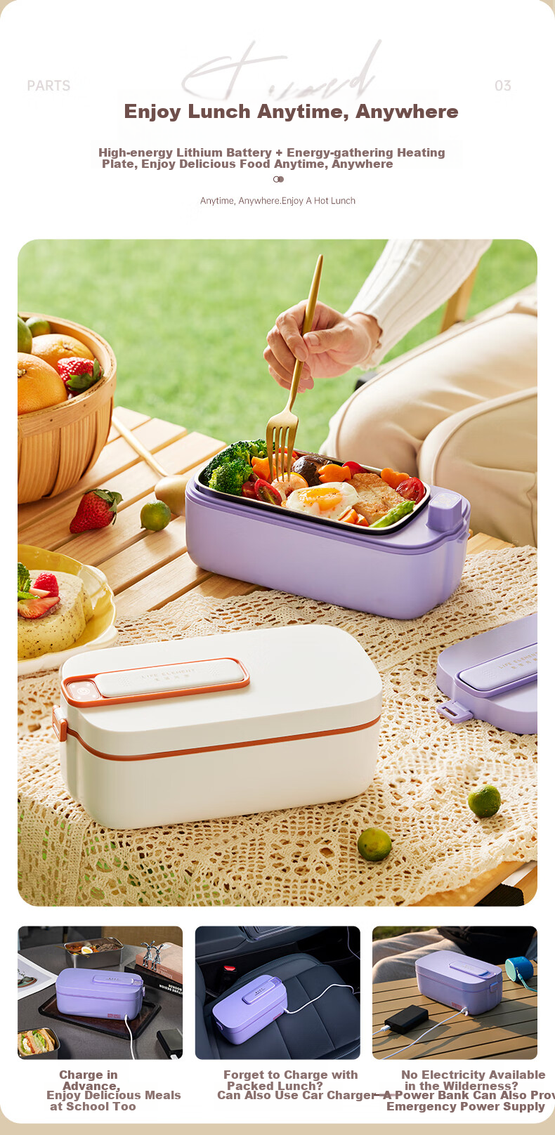 LIFE ELEMENT Rechargeable Electric Lunch Box, No Water Required, Student Lunch Box, Portable, Car-Friendly/USB Rechargeable Power Bank, Freezing Food Storage Container, F79-01 6