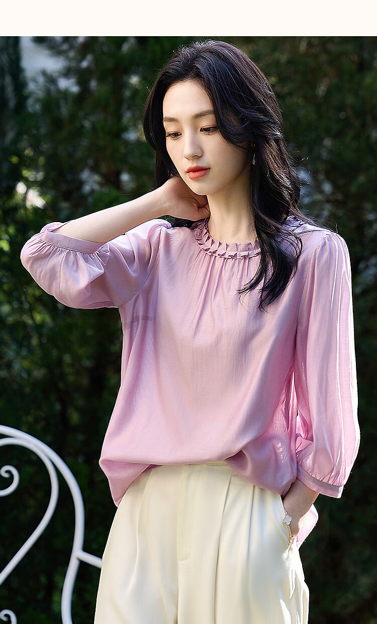 Dme [Lyocell Selection] Summer Pleated Round Neck Water Drop Button Blouse, Puff Three-Quarter Sleeve Shirt, Women's Top 15