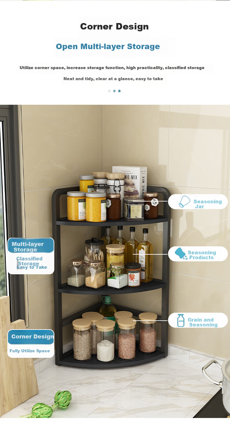 Shuaili Kitchen Countertop Storage Rack, Corner Three-Tier Organizer Shelf for Wall, Triangular Spice Rack for Miscellaneous Items And Cookware SL8415 4