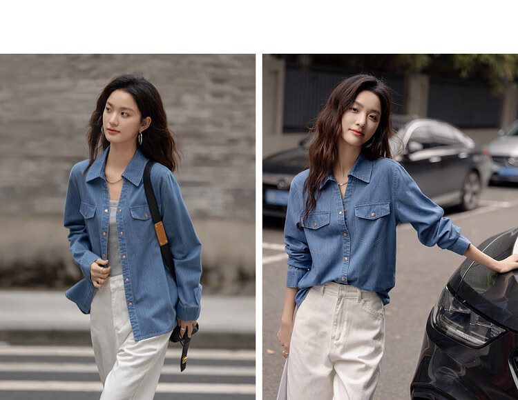 Dme [Light Breath Cloud Cotton] Spring Fashion V-Neck Collar Shirt, Comfortable Slimming Denim Blouse, Women's Top 5