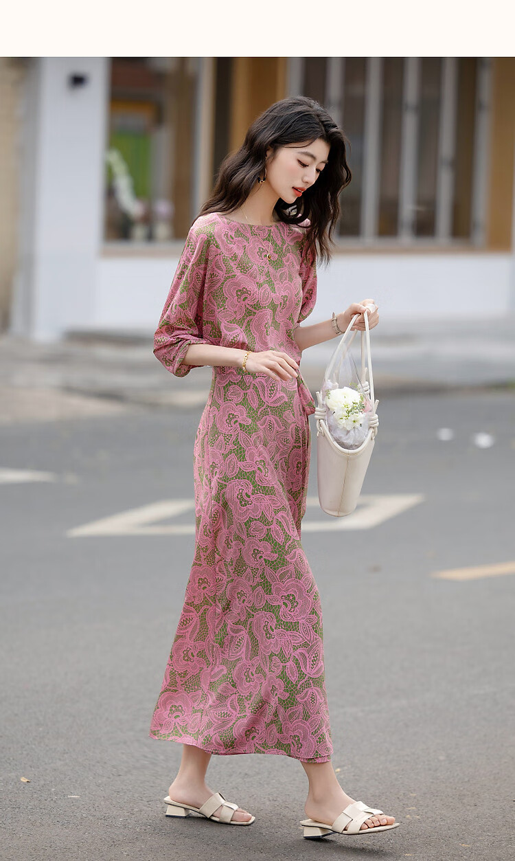 Dme One-Piece Waist-Tie Summer Off-Shoulder Tea Dress Flowing Composite Silk Floral Slimming Women's Dress 11