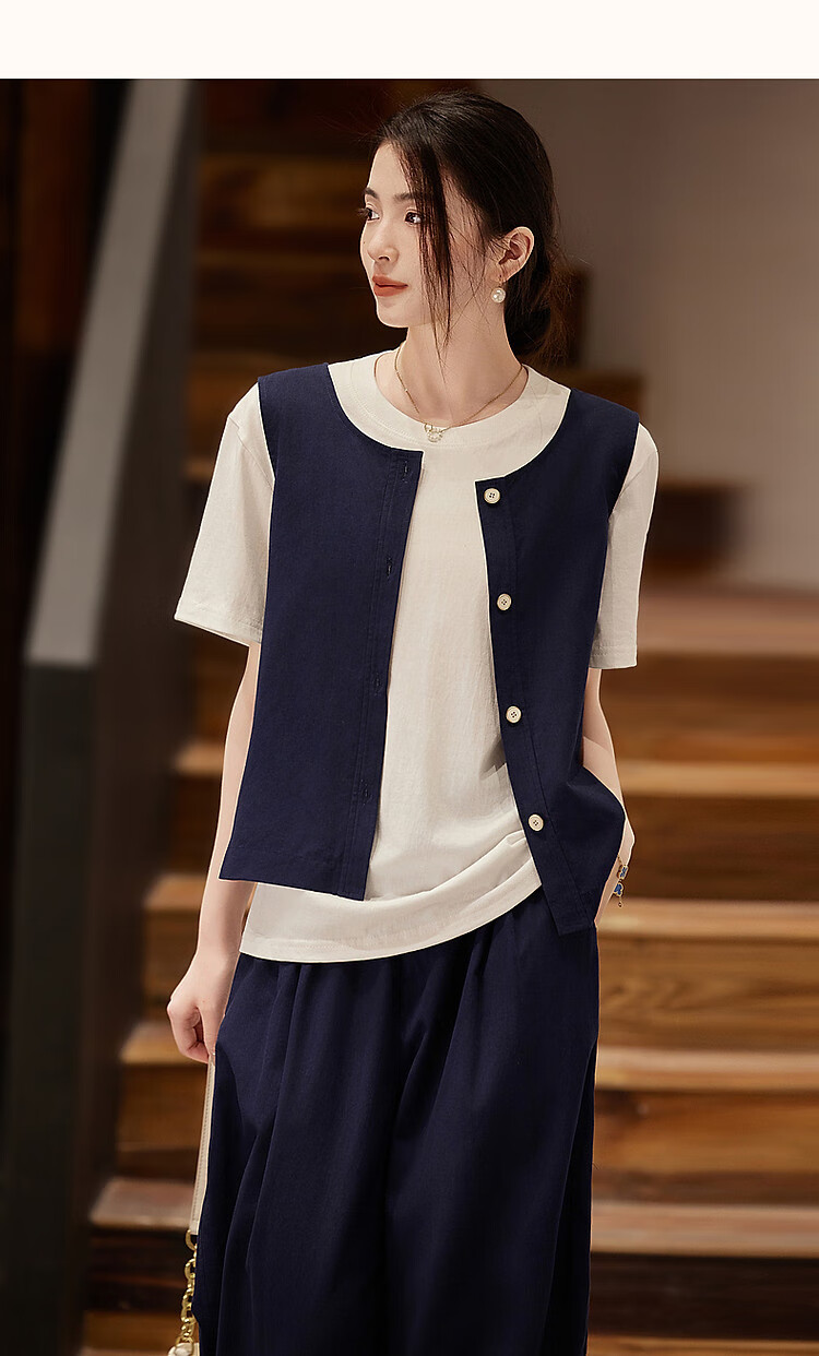 Dme High-Sense CBD Commuter Summer Minimalist Cotton Set Round Neck Vest Elastic Waist Pants Two-Piece Set 22