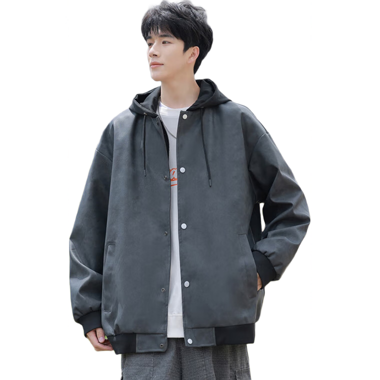 POUM Trendy Hooded Leather Jacket for Men, Spring And Autumn Style, High-End Cool Casual Jacket, 2885 Black And Gray, 2XL