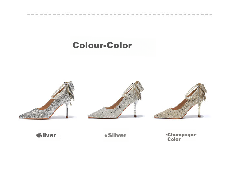ZHR High Heels for Women, Fairy Crystal Wedding Shoes, Pearl Pointed Toe Shoes, Thin Heel Shallow Mouth Pumps, Suitable for Dresses, IE01 Silver Color, Size 39 5