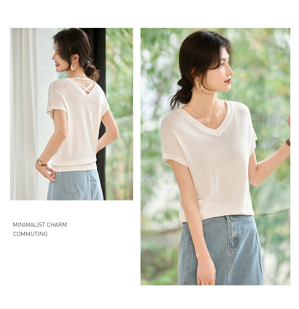Taxiang Women's Short-Sleeve V-Neck Thin Summer Knit T-Shirt with Hollow Design at Back, Distinctive Top Blouse T52T078 9