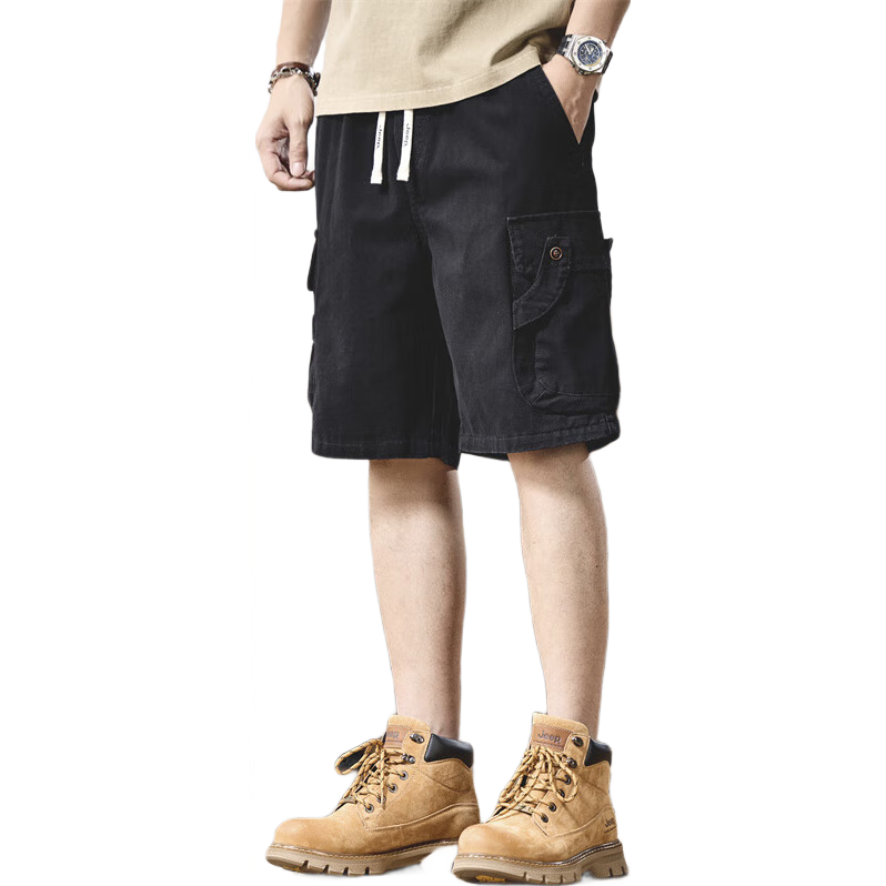 JEEP Men's Shorts, Summer Casual Breathable Loose Cargo Pants, Versatile Knee-Length Shorts, Black, XL