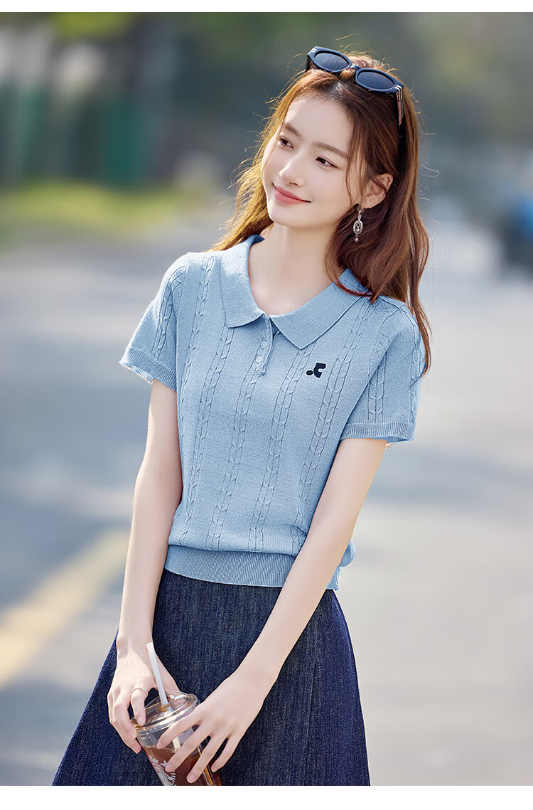 Shangjing Women's Short Sleeve Knit Top Summer New Sweet Polo Collar Slim T-Shirt 14