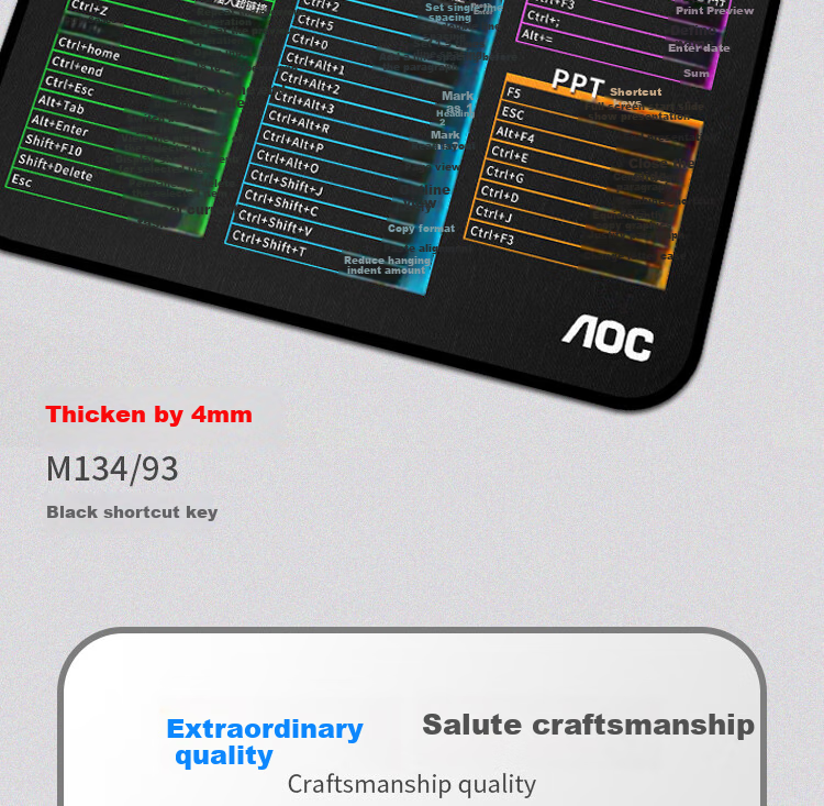 AOC Full-Property Series Gaming Mouse Pad, Small Size 360*300*4mm, Thickened with Locked Edges, Office Keyboard Computer Desk Pad M134/93 Shortcut Black 1