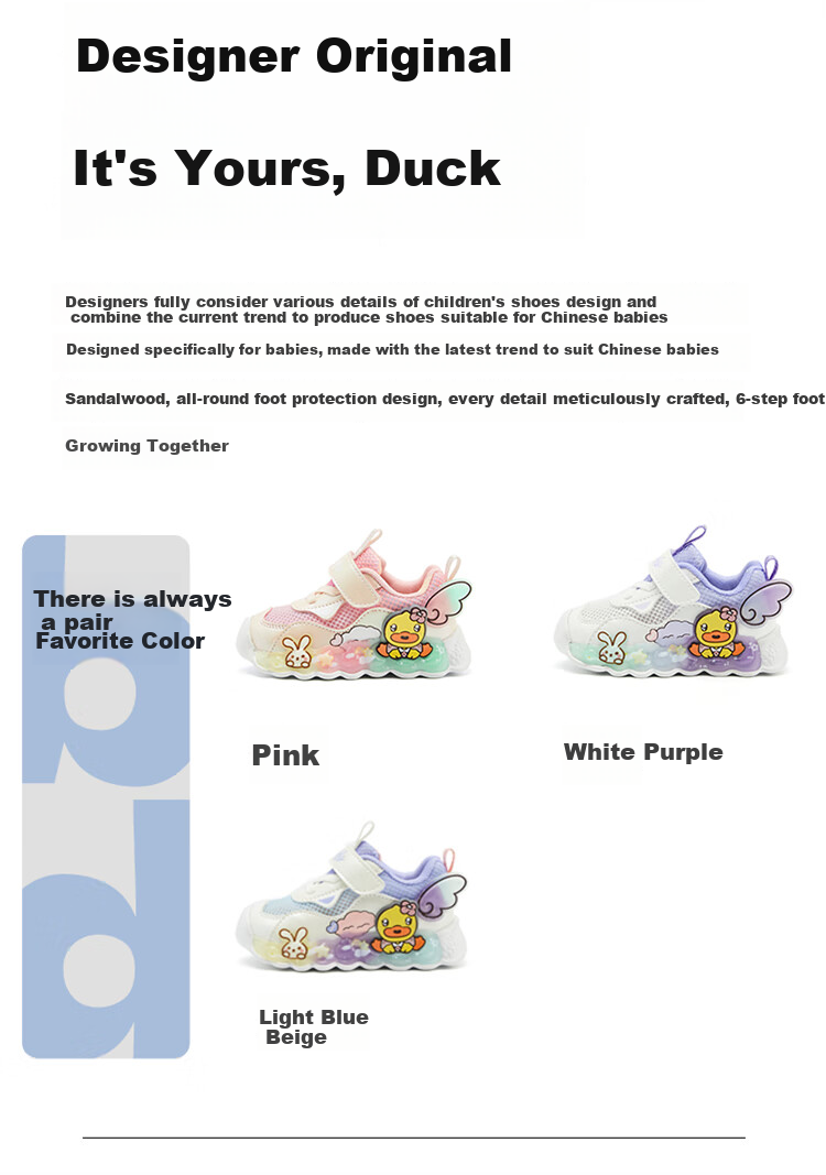 B.Duck Children's Shoes for Girls, Soft-Soled Kids' Sneakers, Light-Up Shoes with Flashing Lights, Spring And Autumn Season Bright-Light Shoes, Light Blue, Size 22 12