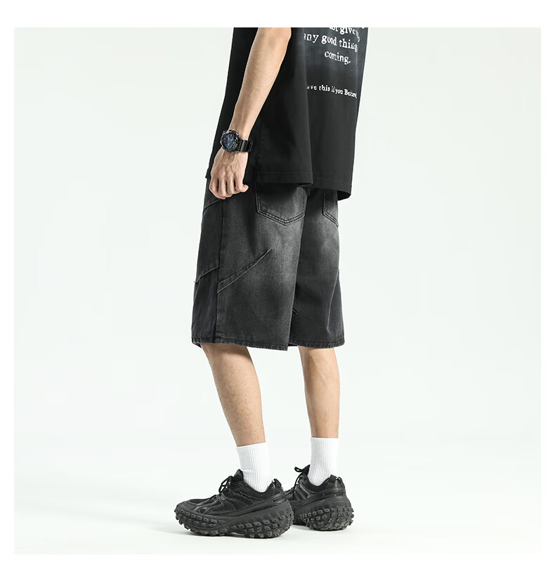 IZEXX American-Style Pleated Denim Shorts for Men, High Street Washed Vintage Loose Casual Five-Point Pants IZ029 Black 2XL 6