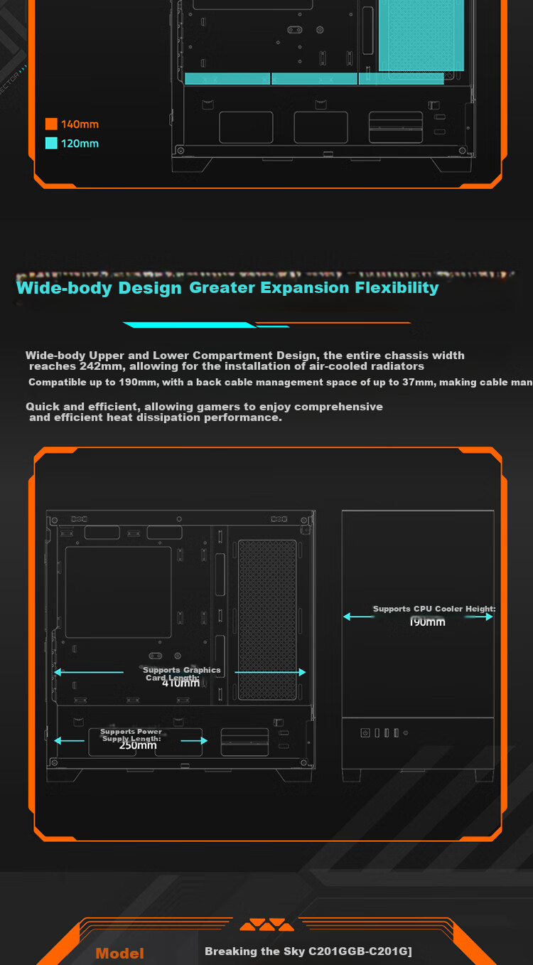 GIGABYTE Pukong C201G Panoramic Top And Bottom Compartment Case, Black Tempered Glass Side Panel, Compatible with Top And Side 360/240 Water Cooling Radiator, Quick-Release Dust Filter, Black M-ATX 5
