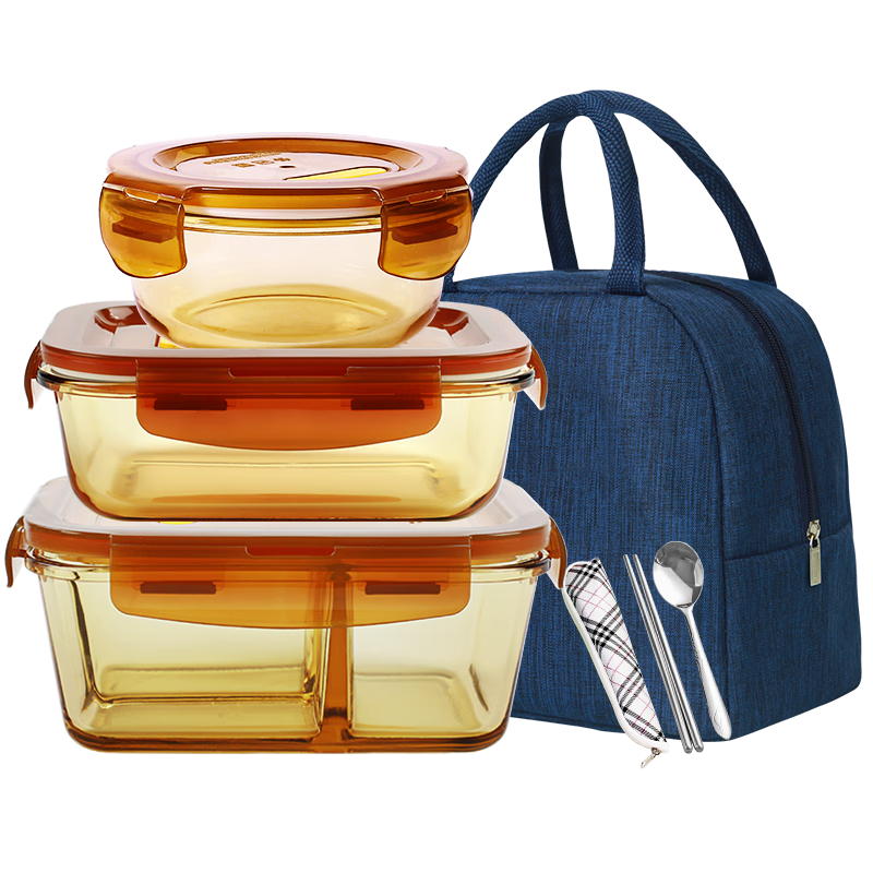 Demasi Heat-Resistant Glass Food Storage Containers, Microwave-Safe Lunch Boxes for Office Workers, Bento Boxes with 3 Compartments, 1020+700+400ml + Bag + Tableware