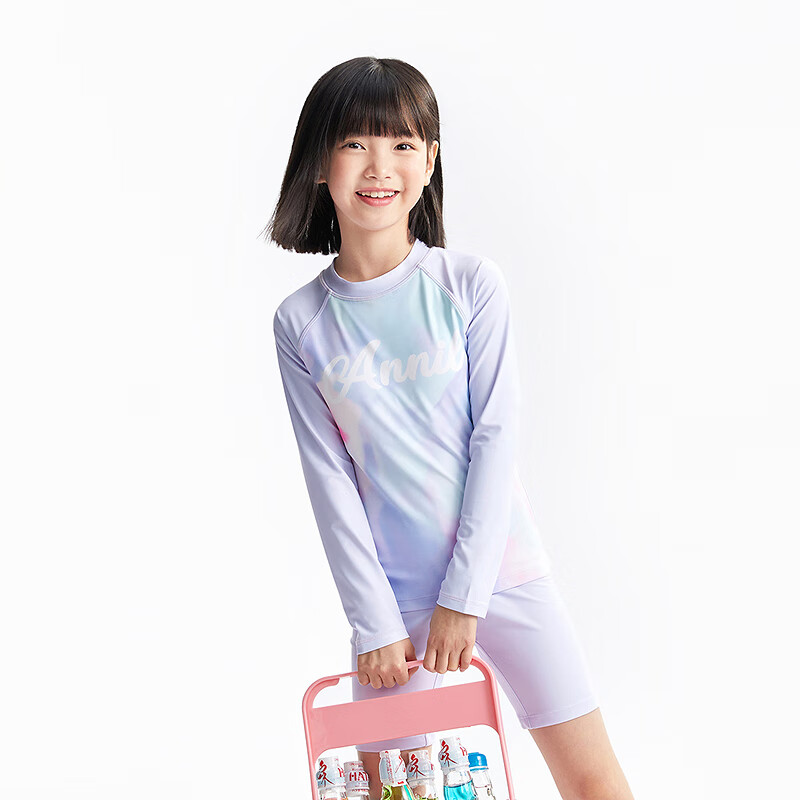 Annil Girls' Two-Piece Long-Sleeve Set, Summer 2025 New Style, Purple Flower Pattern, Size 110