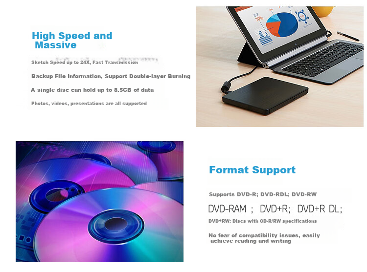 Huipu (HP) External USB Optical Drive, Server Laptop Desktop Ultra-Thin Portable Dedicated External Optical Drive DVD-R/W Burner, Black Model 5