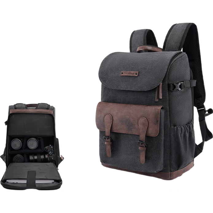 CWATCUN Vintage Camera Bag, Double Shoulder Photography Backpack with Separate Compartments for Top And Bottom, Scratch-Resistant, Wear-Resistant, Large Capacity, Waterproof Photography Bag, Portable Bag