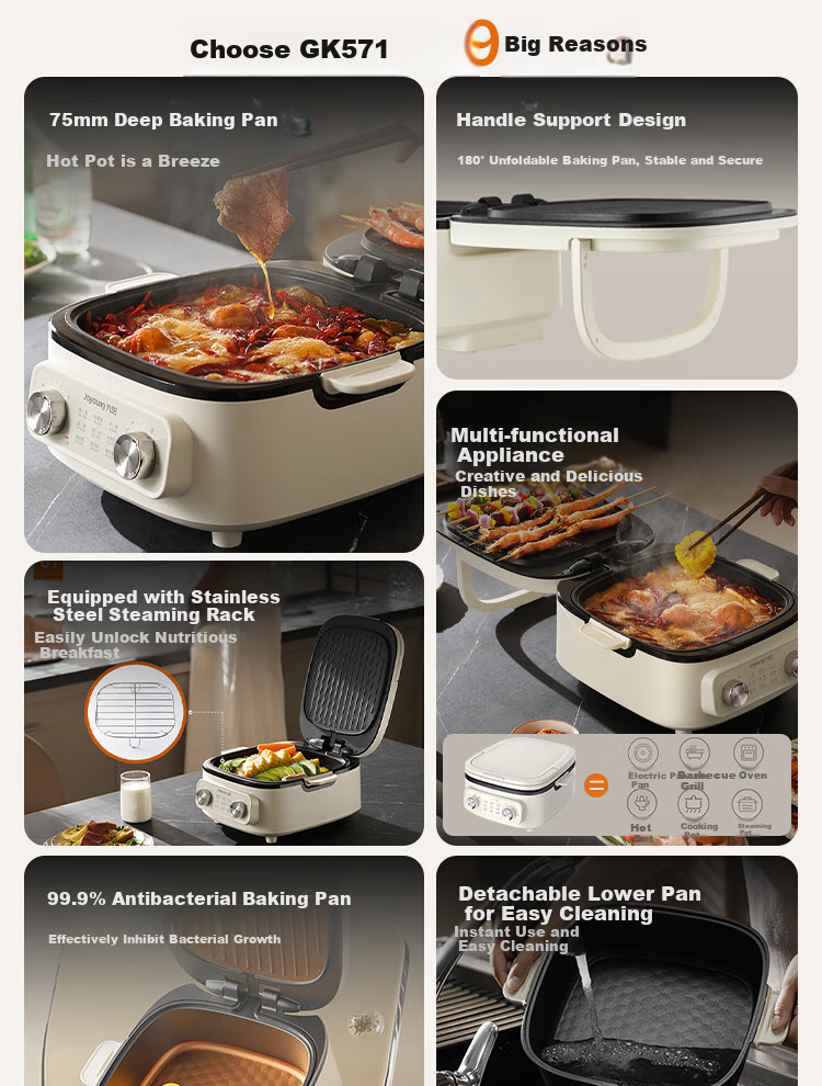 Joyoung Household 2200W High-Power Electric Griddle Breakfast Machine for Frying, Baking, Steaming, Boiling, Hot Pot, Detachable Lower Plate, Multi-Functional Cooker JK28-GK571 1