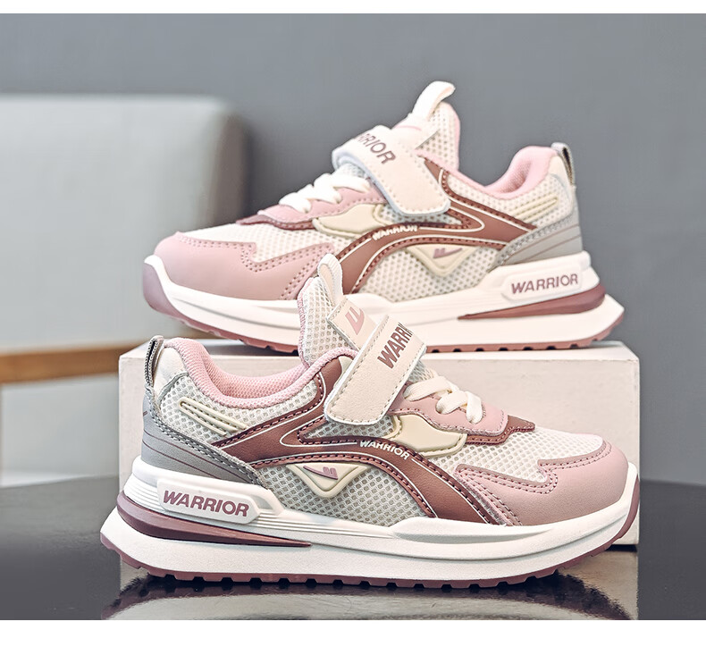 Warrior Girls' Spring and Autumn Mesh Breathable Sports Shoes Soft Sole Running Shoes WZ(CL)-1320 Beige Pink Dark Blue Size 37 8
