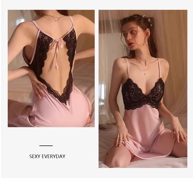 LangSha Women's Sleepwear, Sexy Ice Silk High-End Pure Desire Nightgown with Built-In Bra Pads, Lace Backless Camisole Nightdress for Spring And Summer, Loungewear 14