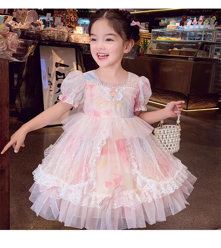 Anneyol Girls' Princess Dress Summer Outfit Stylish Children's Lolita Tulle Dress with Puff Sleeves, Pink, Size 160 13