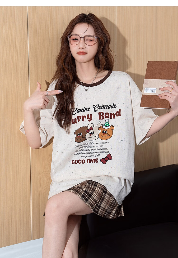 TANGSHI 2025 Summer Women's Polka Dot Floral Cartoon Print Short Sleeve T-Shirt 5