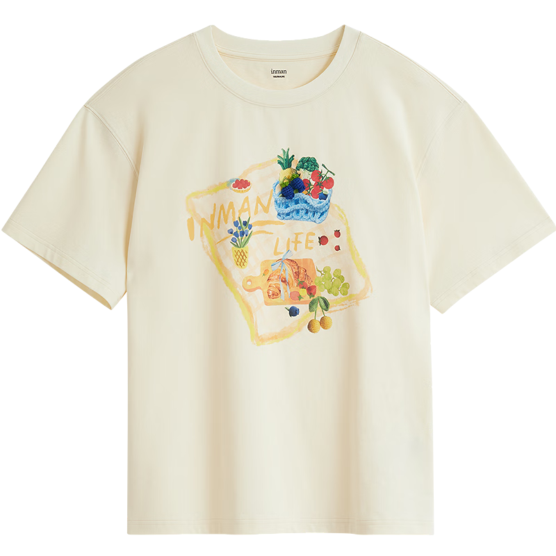INMAN Casual Printed Pure Cotton T-Shirt, 2026 Summer Women's Wear, Versatile Loose Short-Sleeve T-Shirt Top, Light Apricot Color, Size L