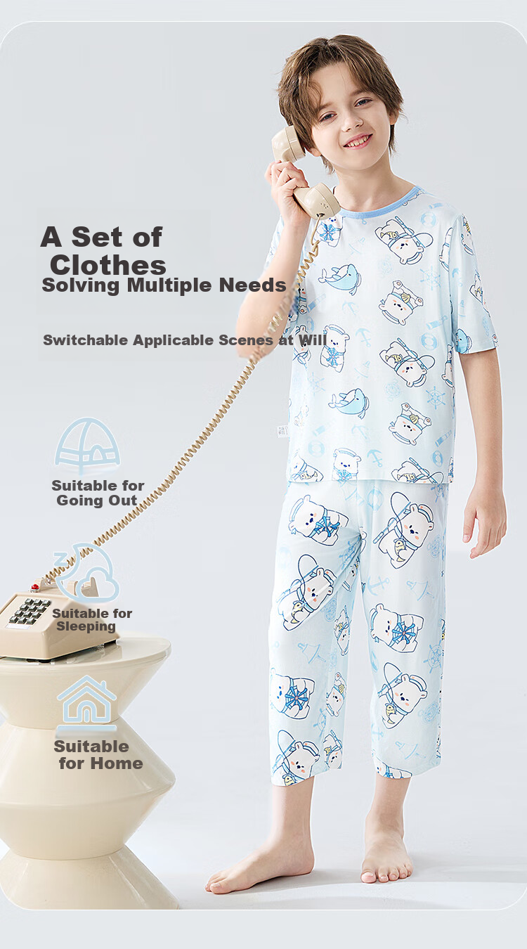 MiiOW Children's Pajamas for Boys [Youkesi + Cool Touch] Summer Thin Air Conditioning Wear Boys' Home Wear Set 7