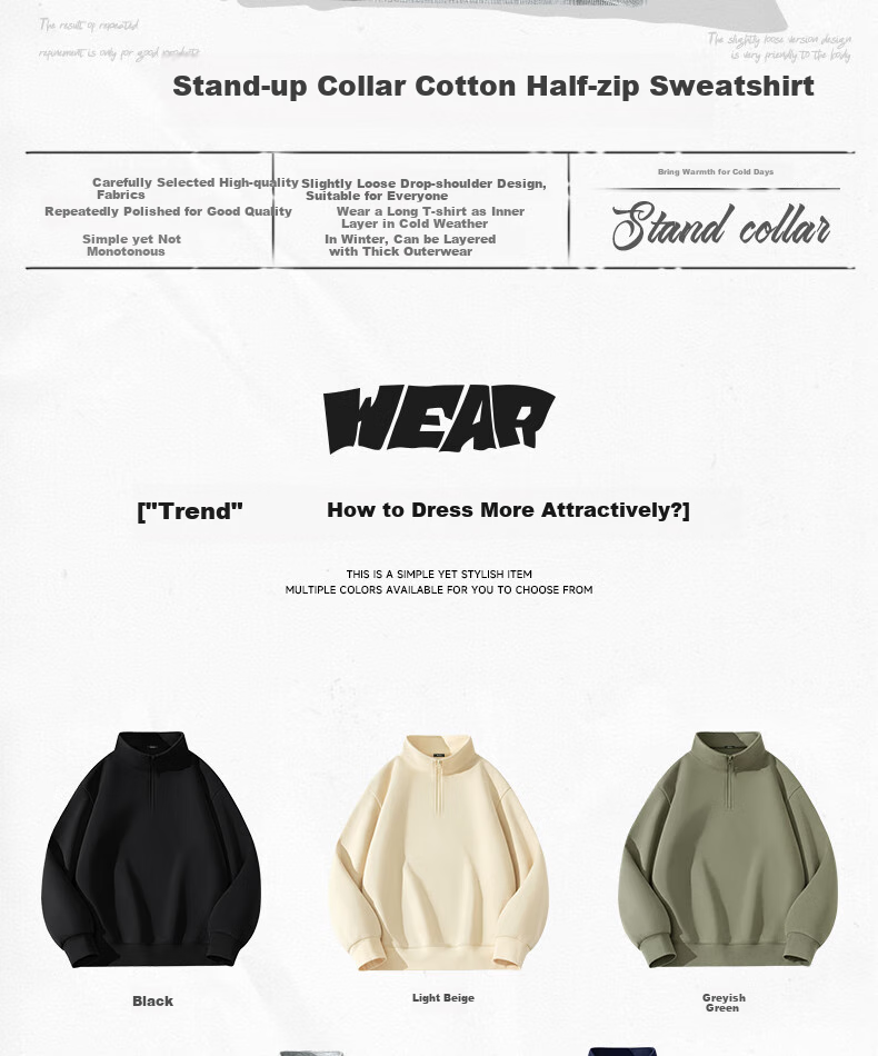 MINISO Half-Zip Sweatshirt for Men, Heavyweight Hard-Feel Spring New Style Men's Trendy Stand-Collar Loose Jacket, Light Beige, 3XL 2