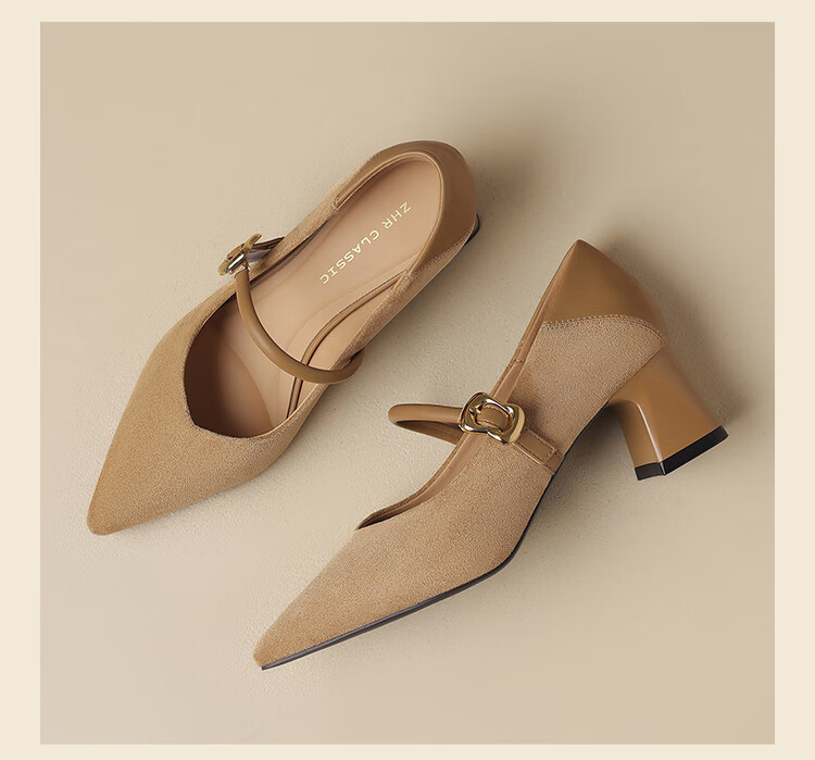ZHR Zese Mary Jane Women's Pointed Toe Summer Single Shoes Shallow Mouth Chunky Heel One-strap Shoes BL379F Beige 37 17