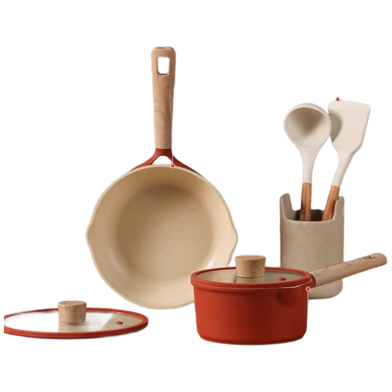 CaROTE Cookware Set, Complete Household Set, Wedding Gift, Housewarming Present, Three-Piece Set Including Milk Pot, Frying Pan, Stir-Fry Pan, Non-Stick Pan, 4-Piece Set, Size S
