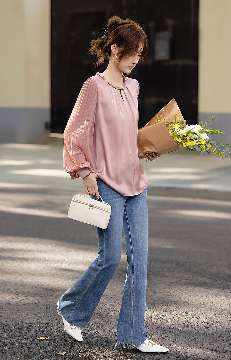 Dme [Selected Satin with Luster Yarn] Spring And Autumn Color-Block Round Neck Knit Strap Blouse, Pleated Patchwork Shirt, Women's Top 15