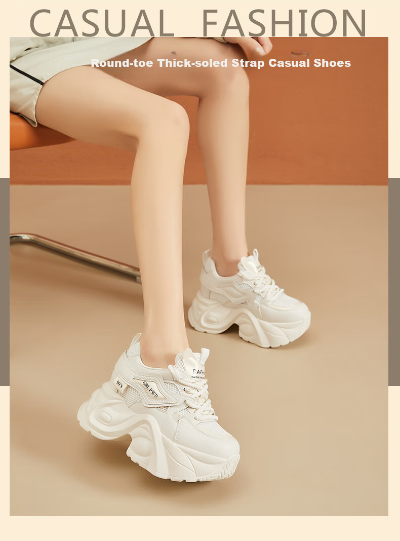 DAPHNE Chunky Sneakers for Women with Thick Soles And Hidden Heel Lift, Breathable, Slimming for Petite Figures, Versatile Casual Shoes for Travel And Everyday Wear, White And Gold Color, Size 35 1