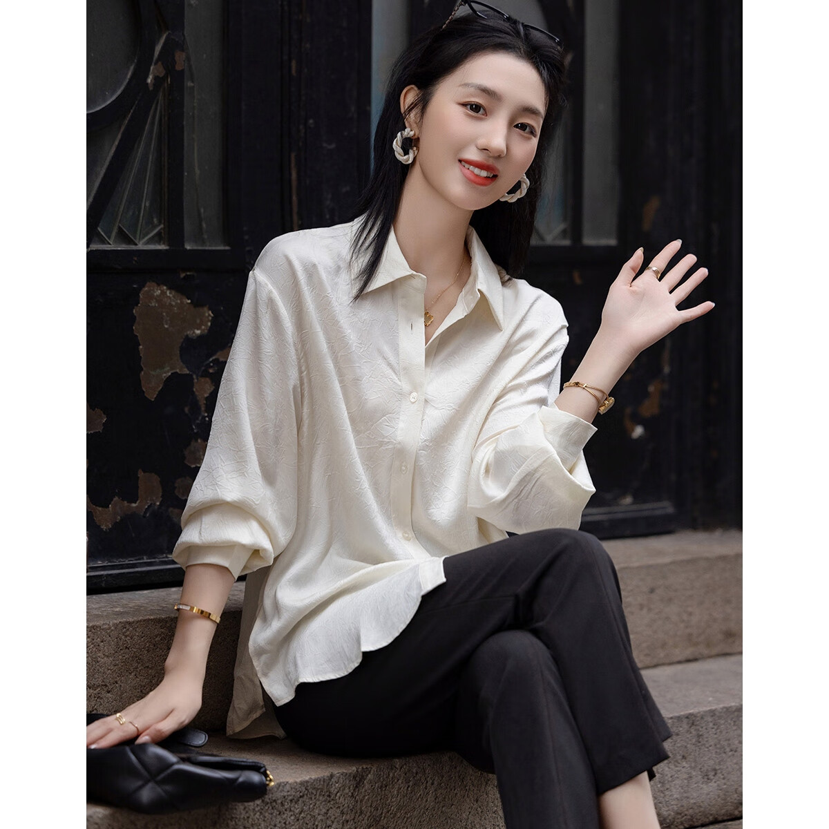 Dme [Four Seasons Wear] Spring Simple Style Commuter Shirt POLO Collar Wrinkled Shiny Texture Blouse Women's Top
