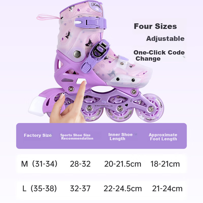 Mesuca & Kuromi Co-Branded Roller Skates for Girls, Inline Skates for Beginners, Roller Skates with Lights, Gift Idea