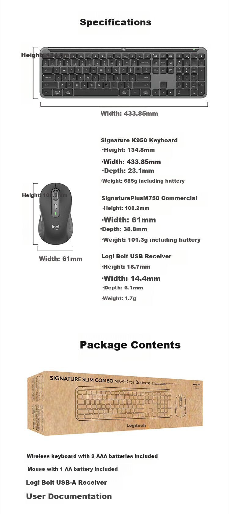 Logitech MK950 Wireless Bluetooth Keyboard And Mouse Combo, Ultra-Thin Quiet Dual-Mode Office Keyboard And Mouse Set, Premium Series Portable Keyboard And Mouse Set Commercial Version Black 10