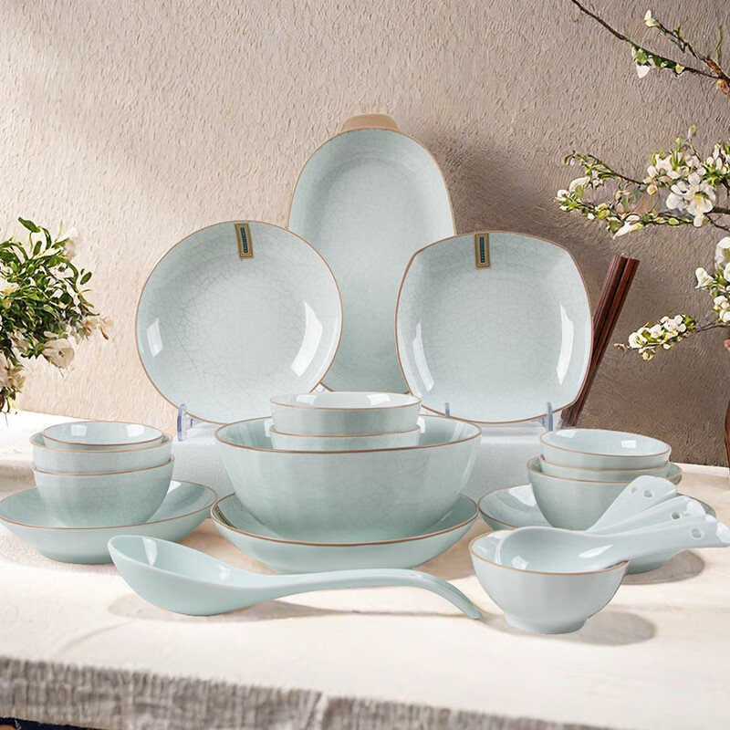 Huaqingge Chinese-Style Ice-Crackle Pattern Dinnerware Set, 32-Piece Bowl And Chopsticks Set, Gift Box Packaging, Housewarming Celebration, Underglaze Color