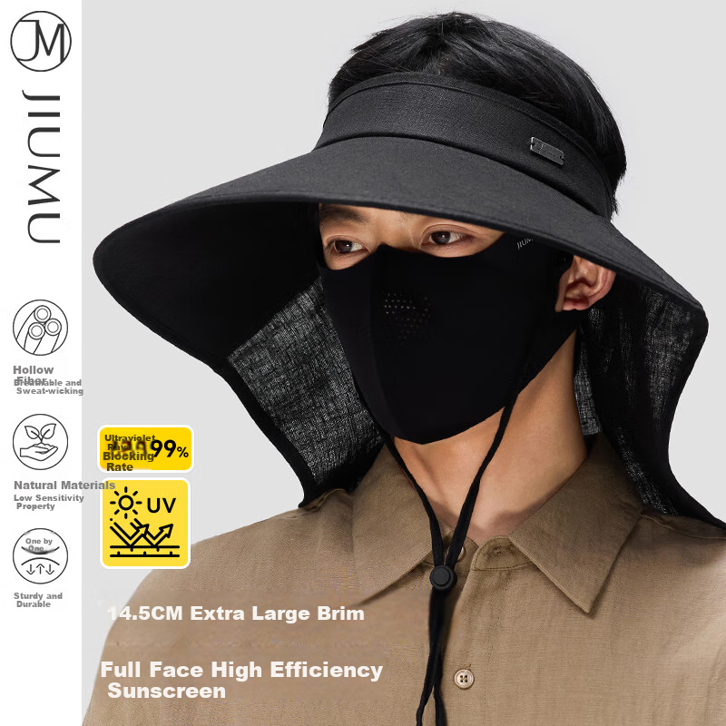JIUMU Linen Sun Protection Hat, Men's Sun Visor Cap, Sunhat, Open-Top Hat, Cool Hat, Summer Face-Covering Neck-Protecting UV-Resistant Hat