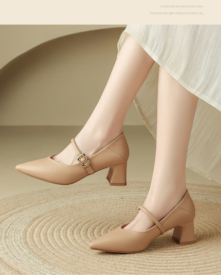 ZHR Zese Mary Jane Women's Pointed Toe Summer Single Shoes Shallow Mouth Chunky Heel One-strap Shoes BL379F Beige 37 21