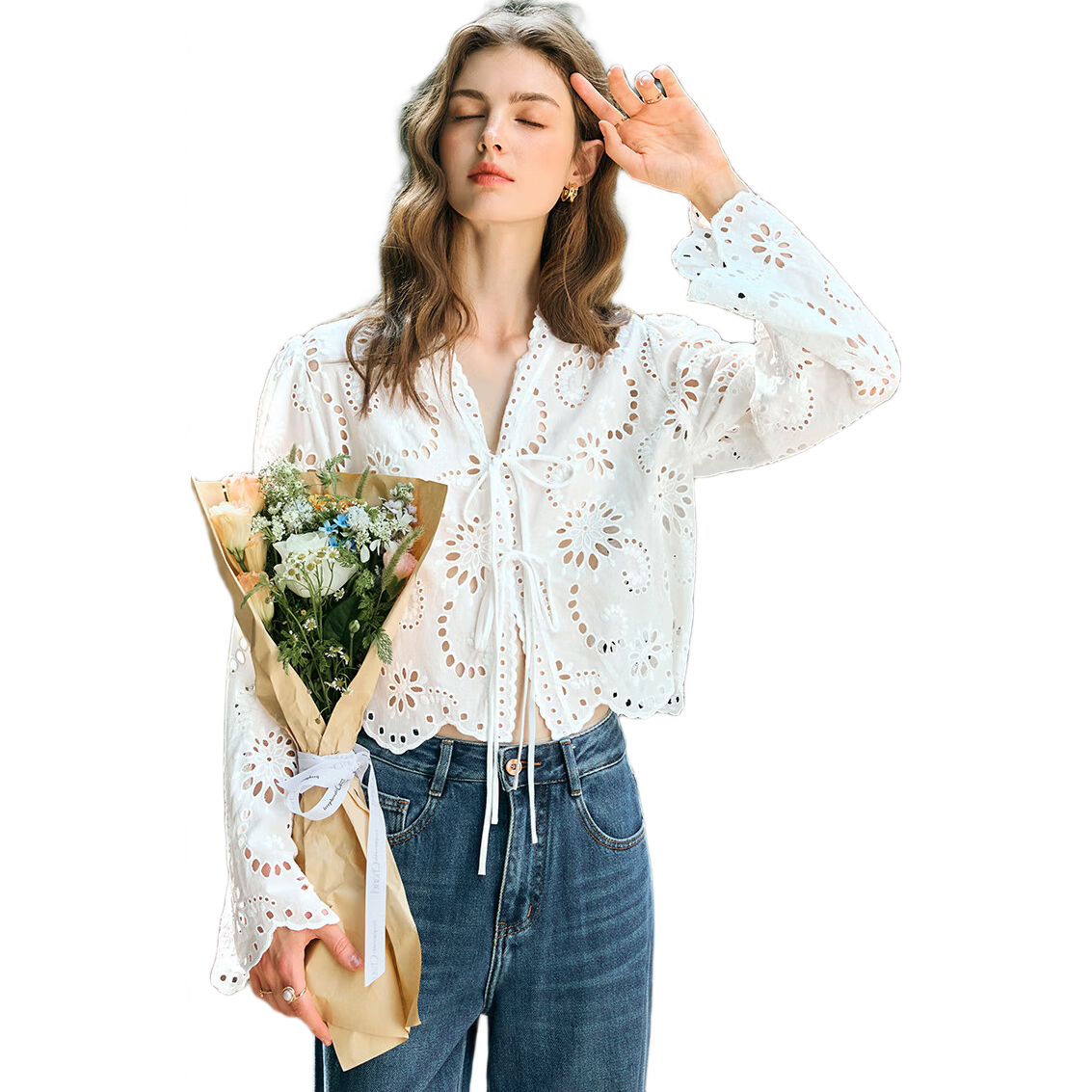 Olrain Hollow Lace Trim Shirt Cream White Long Sleeve Top for Women Spring Summer Autumn M