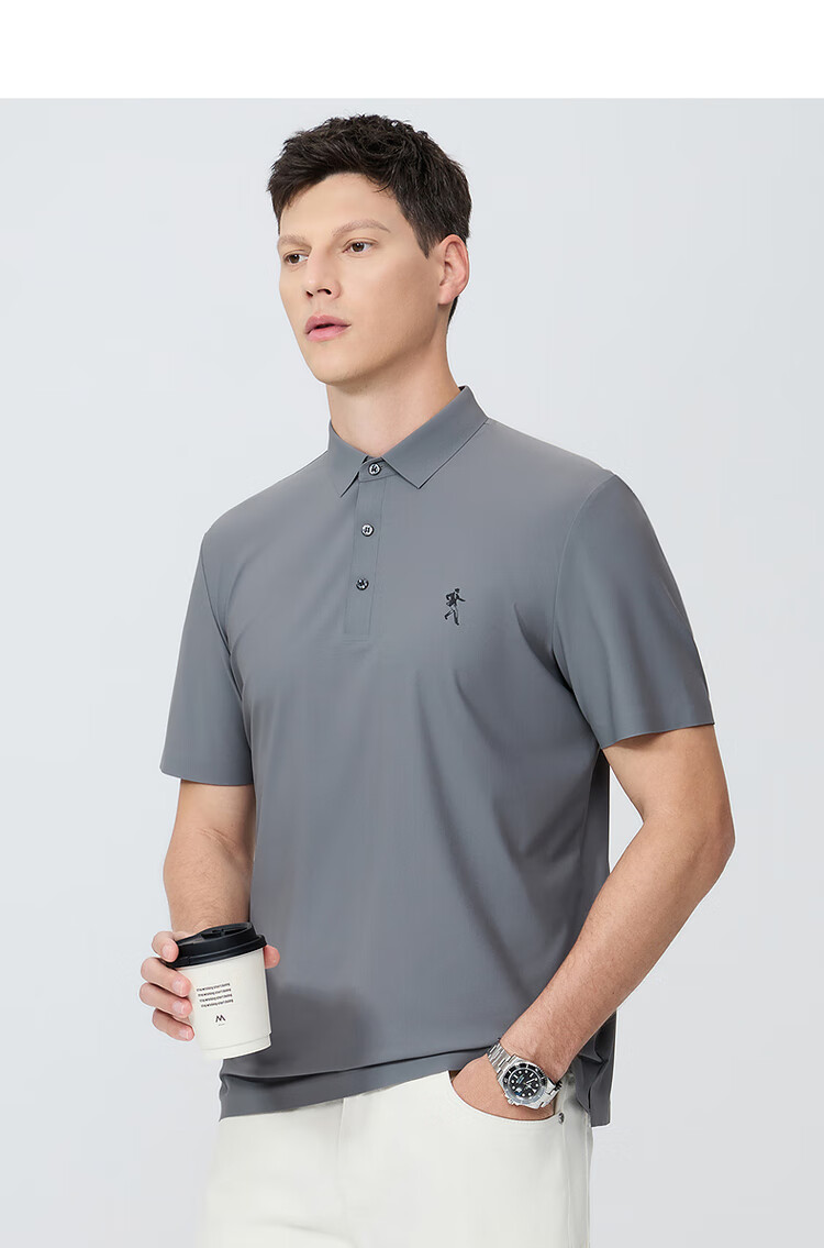 DANCING WOLVES [Quick-Dry Elastic] Summer Simple Casual Versatile Men's Short-Sleeve POLO, 211 Gray-Green, M(170) 11