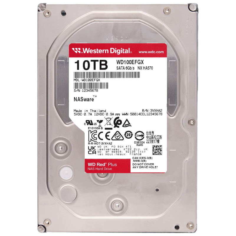 Western Digital (WD) NAS Hard Drive, WD Red Plus, 10TB, 7200 RPM, 512MB Cache, SATA CMR Vertical, NAS-Specific Hard Drive, 3.5-Inch, WD100EFGX