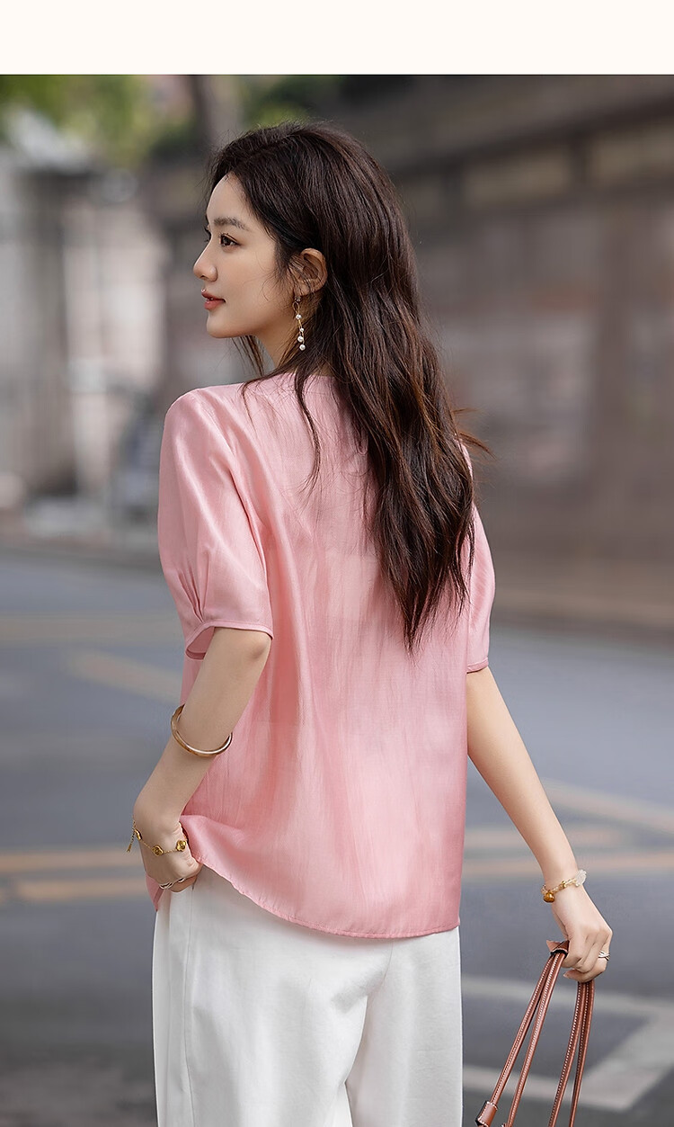 Dme [Selected Lyocell], Summer Pearl Decorated Round Neck Drip Button Shirt, Flowing Short-Sleeve Blouse, Women's Top 17