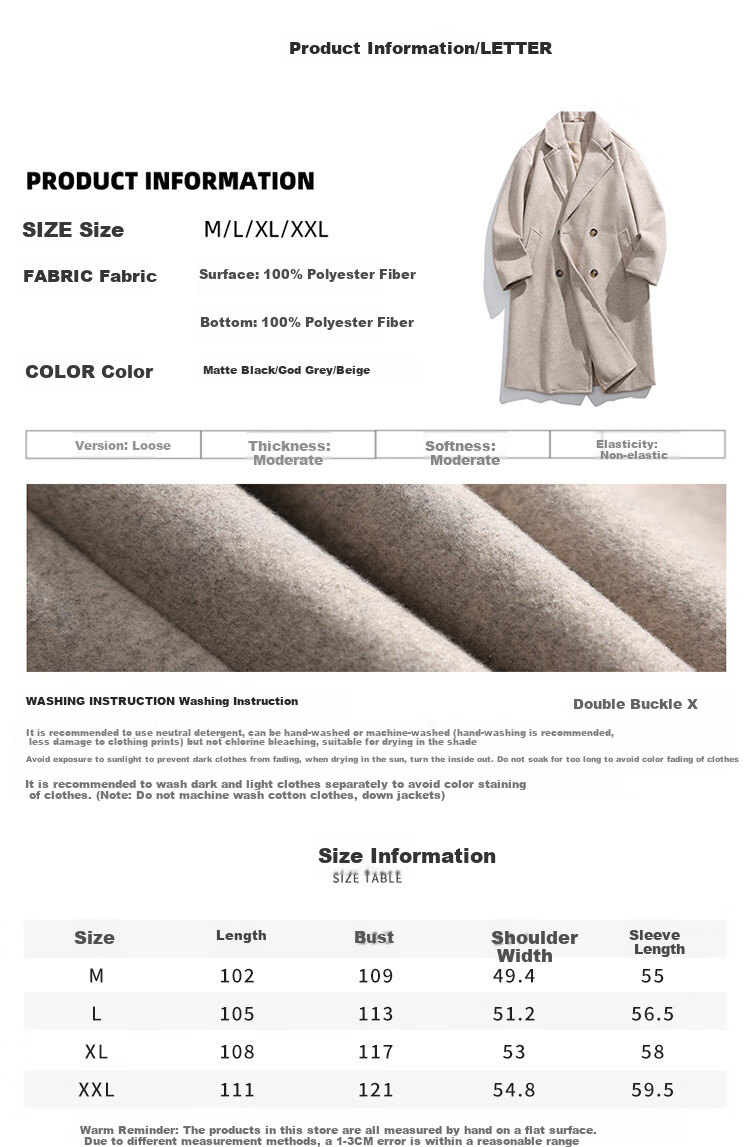 Dingfengbaoluo Korean-Style Wool Coat for Men, Winter Mid-Length Thickened Overcoat, High-End Double-Breasted HK09 Matte Black L 3