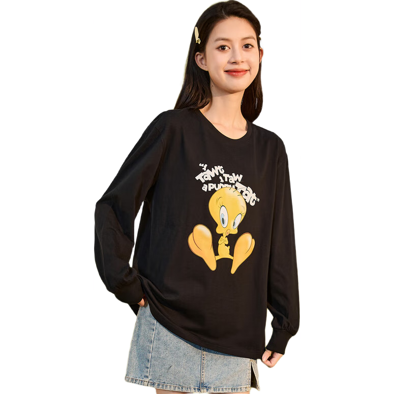 TonLion 2025 Long Sleeve T-Shirt for Women, Casual College Style Base Layer Top Inner Wear [Tubaguo Collaboration], Black, M