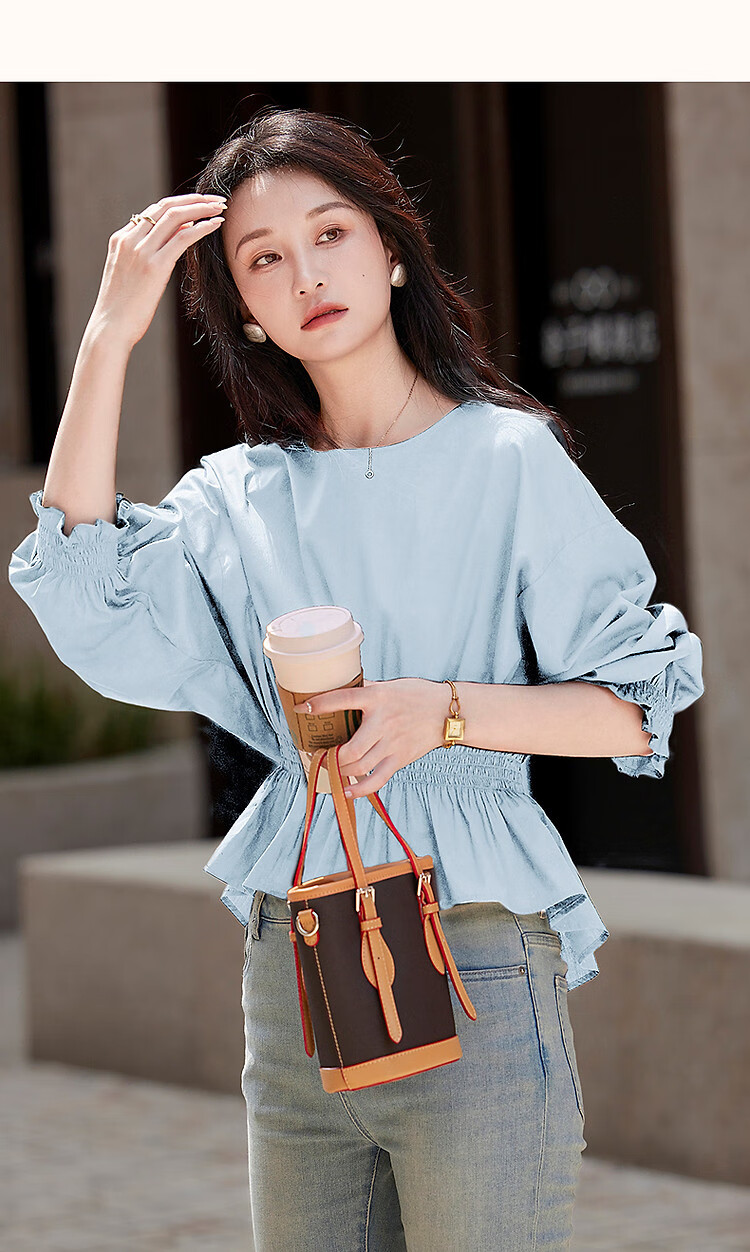 Dme [Will Breathe Cotton] Spring And Autumn French-Style Relaxed Round Neck Smock Waist-Cinching Drop Shoulder Slimming Shirt Women's Top 40
