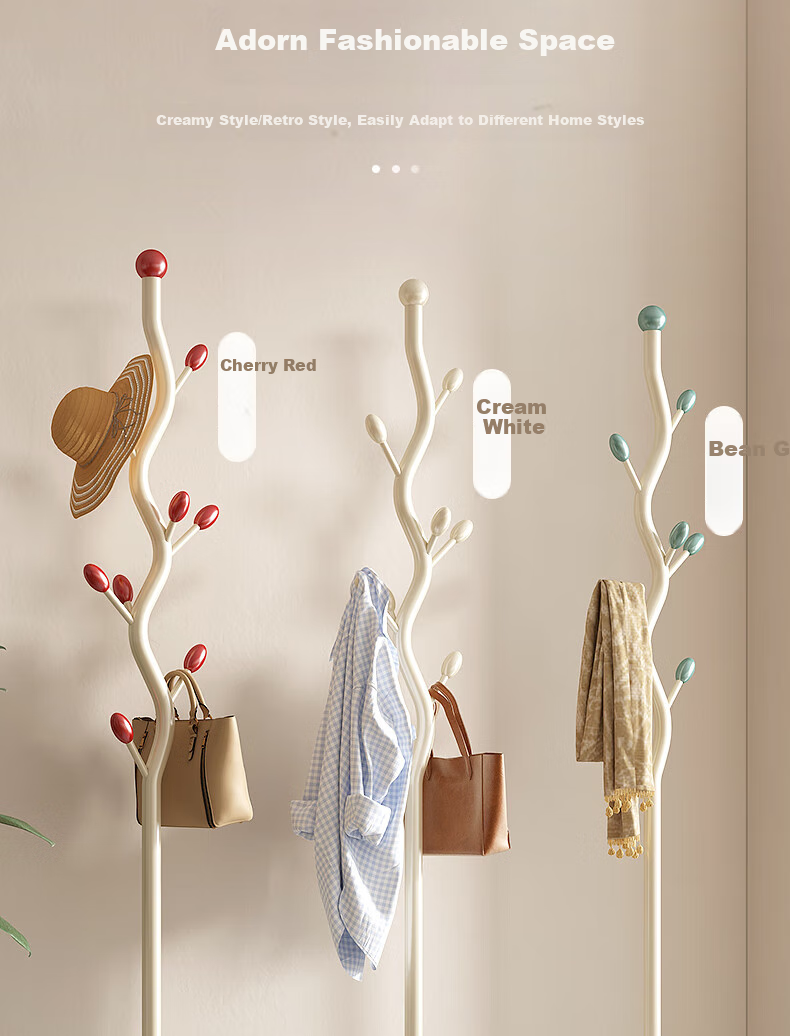 Shengnuoyilin Coat Rack Cream Style Bedroom Clothes Hanger, Entrance Hall Coat Stand, Fishbone Clothes Hanger, Floor-Standing Bag Rack, White And Gree 17