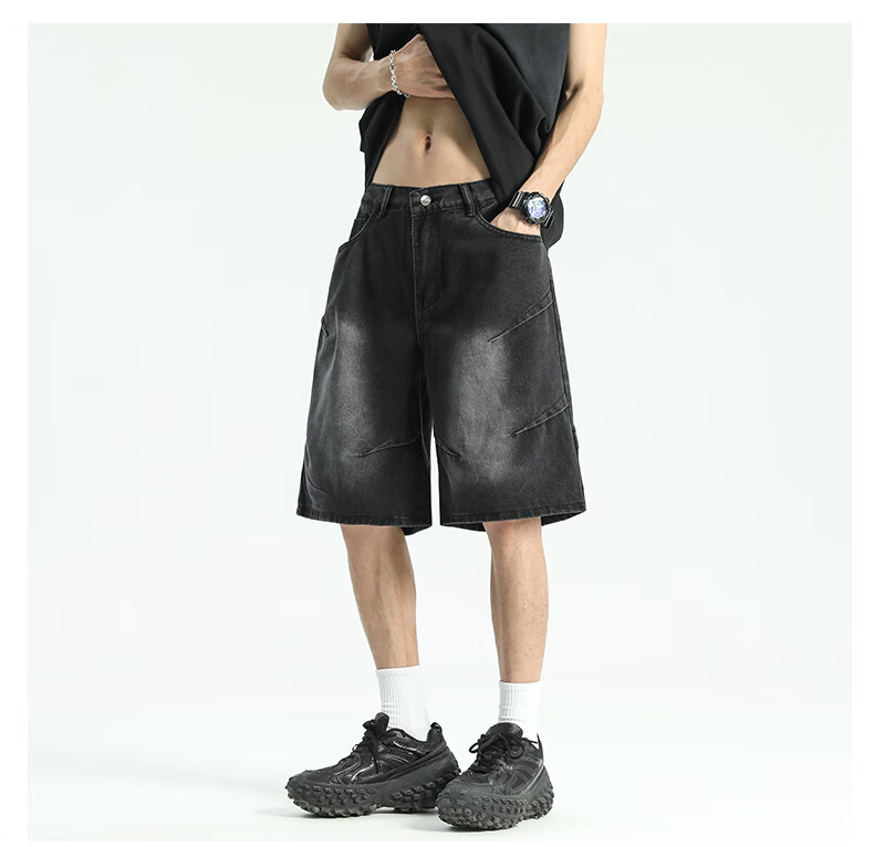 IZEXX American-Style Pleated Denim Shorts for Men, High Street Washed Vintage Loose Casual Five-Point Pants IZ029 Black 2XL 4